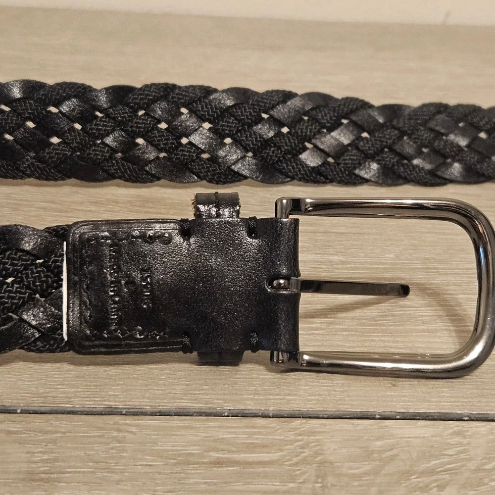 TUMI Mens Braided Leather Belt Black Woven Gunmetal Buckle 15906 Size Large